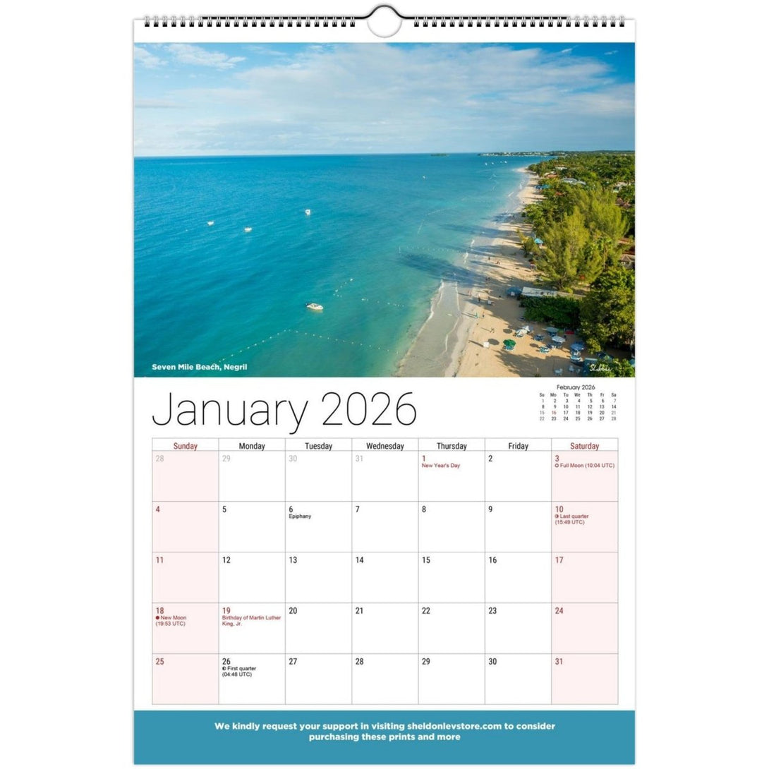 Jamaica Landscapes Calendar 2026 (US Holidays) — Scenic (Photography of Jamaican Beaches Mountains Waterfalls Free Shipping - Sheldonlev