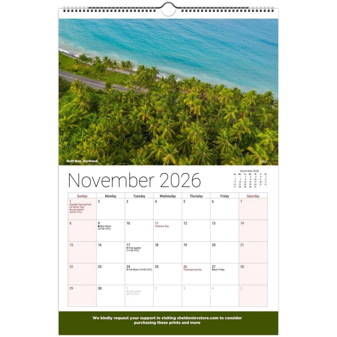 Jamaica Landscapes Calendar 2026 (US Holidays) — Scenic (Photography of Jamaican Beaches Mountains Waterfalls Free Shipping - Sheldonlev