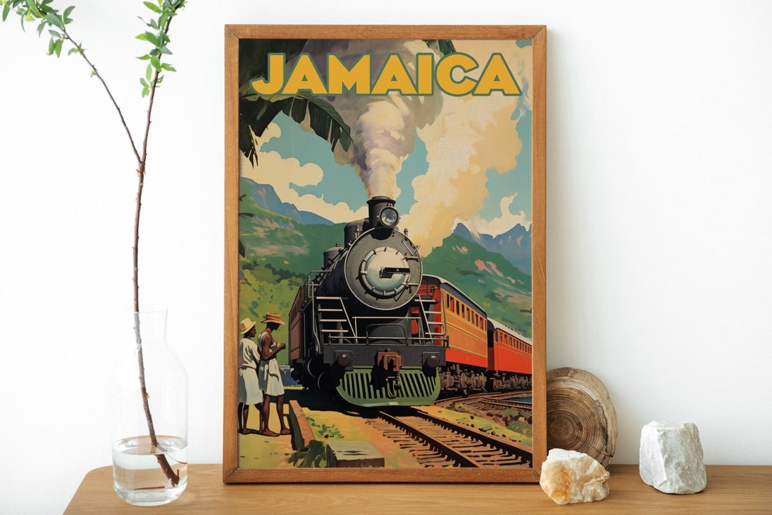 Vintage Poster Featuring a Steam Engine Train in Jamaica Countryside Free Shipping - Sheldonlev